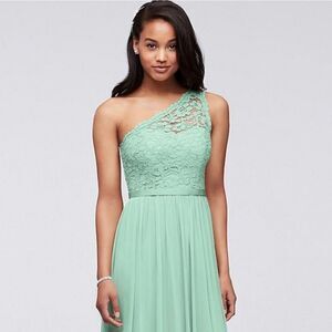 David's Bridal Mint Green One-Shoulder Lace Dress